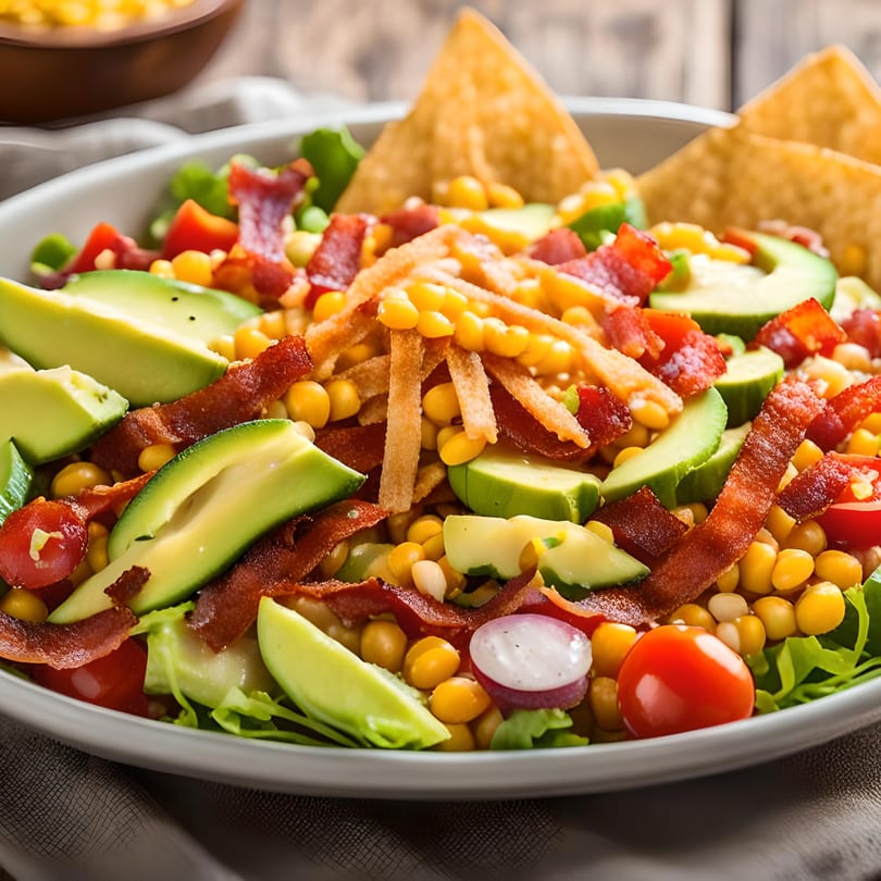 Mexican salad with avocado, bacon, corn, tomatoes, and tortilla strips, served with tortilla chips.